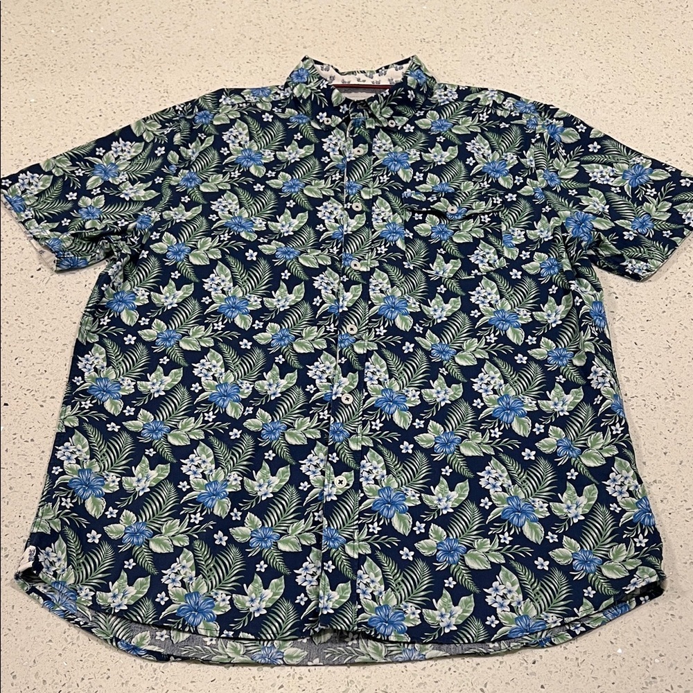 INTERNATIONAL REPORT Vacation Floral Print Navy Blue Green Button Shirt Size L